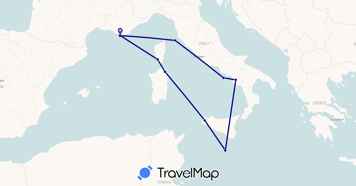 TravelMap itinerary: driving in France, Italy, Malta (Europe)